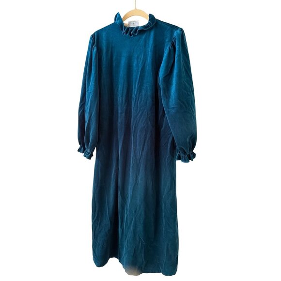 Gilligan & OMalley Teal Long-Sleeve Velour Nightgown  Ruffled Collar & Cuffs 16 - Picture 5 of 5